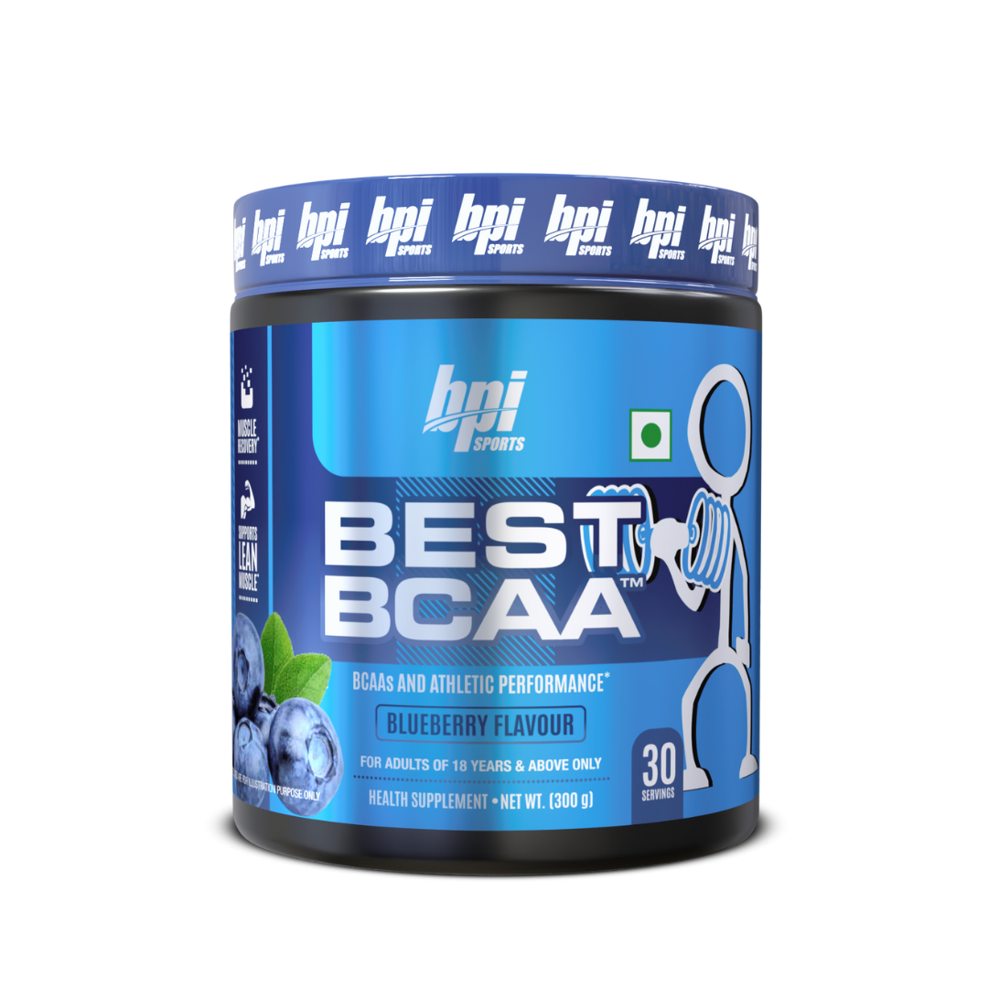 A container of BPI Sports Best BCAA branched-chain amino acids supplement with blueberry flavor, 300g with 30 servings.